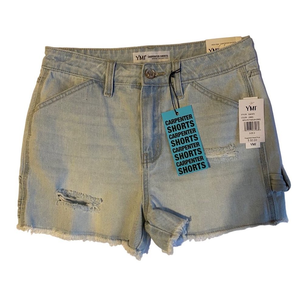NWT YMI Junior 5‎ Light Wash Blue Distressed Hi Rise Denim Jean Carpenter Shorts